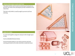 CONCEPTSANDIDEAS:VENTILATION
VENTILATION USING PLASTIC BOTTLES
USING PVC PIPES
37
The plastic bottles can be used at an downward inclination to
prevent rain water from entering but provide ventilation at the
same time.
The hole in the bottle is small enough to prevent rats from
entering.
It can be tied together using wire and put in the triangle space
on top.
Can be embedded between bricks.
It has horizontal spokes on one side to prevent rats from
entering and mesh on the other side that is inside the house.
 