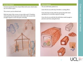 CONCEPTSANDIDEAS:STORAGE
FOOD STORAGEWATER STORAGE
38
Tin can with holes poked in it.
Cover the tin can with clay. Provides a cooling effect.
Cover the layer of clay with jute gunny bag with water
sprinkled on it to further improve cooling.
Cover the tin can with the lid with holes small enough to
prevent rats from eating the food.
Current scenario has lots of pots filled with water which takes
up a lot of floor space.
The corners can be utilized well.
With the help of the corners on two sides and 2-3 bamboo
sticks poked into the ground on the other side can provide
enough support to store the pots vertically.
 