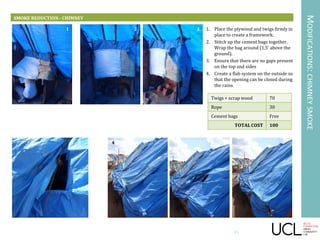 MODIFICATIONS:CHIMNEYSMOKE
SMOKE REDUCTION - CHIMNEY
1. Place the plywood and twigs firmly in
place to create a framework.
2. Stitch up the cement bags together.
Wrap the bag around (1.5’ above the
ground).
3. Ensure that there are no gaps present
on the top and sides
4. Create a flab system on the outside so
that the opening can be closed during
the rains
Twigs + scrap wood 70
Rope 30
Cement bags Free
TOTAL COST 100
1 2 3
4
41
 