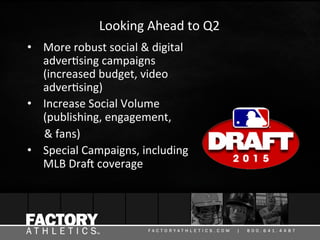 Looking	Ahead	to	Q2	
•  More	robust	social	&	digital	
adver6sing	campaigns	
(increased	budget,	video	
adver6sing)	
•  Increase	Social	Volume	
(publishing,	engagement,	
						&	fans)	
•  Special	Campaigns,	including	
MLB	DraJ	coverage		
 