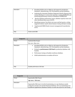Description • Providing full life cycle on DBA/on call support for Production
Databases, Administering, UAT, Development and QA databases.
• Analyzing the Automatic Database Diagnostic Monitor Reports from
various Databases in various time intervals, creating BASELINE and
monitoring performance metrics of Databases WORKLOAD.
• Resolve database performance issues, database capacity issues and
other distributed data issues (OLTP).
• Identifying instance Top Waits root cause and bad queries, writing
suggested solution reports about Instance tuning and Query tuning.
• Implemented ORM (Oracle resource management) In production
server.
Role Oracle Level3 DBA
Project # 5
Period Hartford DBA Project
Nov 2011- May 2012
Description • Providing full life cycle on DBA/on call support for Production
Databases, Administering, UAT, Development and QA databases.
• Worked as performance COE lead in production database with
Exadata
• Performance tuning on Exadata warehouse database.
• Cellcli administration on exadata cell server
Role Exadata performance COE lead
Project # 6
Period Supermedia DBA Project
Apr 2011 –Oct 2011
Description
Supermedia DBA team is involved maintaining over 550 databases mainly
production and also test and development databases. We are maintaining over
44 different applications databases mainly on oracle also sql server and mysql.
 