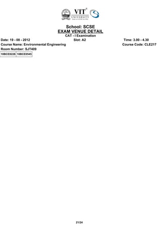 School: SCSE
                                  EXAM VENUE DETAIL
                                      CAT - I Examination
Date: 19 - 08 - 2012                       Slot: A2          Time: 3.00 - 4.30
Course Name: Environmental Engineering                      Course Code: CLE217
Room Number: SJT409
10BCE0226 10BCE0545




                                             21/24
 