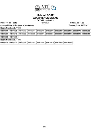 School: SCSE
                                      EXAM VENUE DETAIL
                                            CAT - I Examination
Date: 19 - 08 - 2012                             Slot: A2                         Time: 3.00 - 4.30
Course Name: Principles of Marketing                                             Course Code: MGT307
Room Number: SJT402
09BCE004   09BCE028   09BCE032   09BCE034   09BCE039   09BCE097   09BCE127   09BCE135   09BCE175   09BCE202
09BCE204   09BCE212   09BCE222   09BCE229   09BCE271   09BCE295   09BCE329   09BCE343   09BCE346   09BCE355
09BCE365   09BCE366
Room Number: SJT403
09BCE420   09BCE422   09BCE455   09BCE492   09BCE559   10BCE0140 10BCE0216 10BCE0223




                                                   8/24
 
