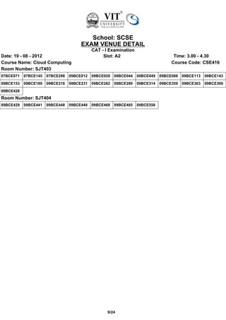 School: SCSE
                                      EXAM VENUE DETAIL
                                            CAT - I Examination
Date: 19 - 08 - 2012                             Slot: A2                          Time: 3.00 - 4.30
Course Name: Cloud Computing                                                      Course Code: CSE416
Room Number: SJT403
07BCE071   07BCE145   07BCE298   09BCE012   09BCE029   09BCE044   09BCE049   09BCE088   09BCE113   09BCE143
09BCE153   09BCE189   09BCE218   09BCE231   09BCE262   09BCE289   09BCE314   09BCE359   09BCE363   09BCE369
09BCE428
Room Number: SJT404
09BCE429   09BCE441   09BCE448   09BCE449   09BCE468   09BCE485   09BCE558




                                                   9/24
 