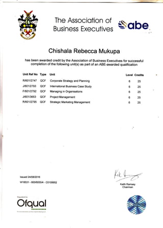 ,)/
ffi*::"f,:Hm sobe
Chishala Rebecca Mukupa
has been awarded credit by the Association of Business Executives for successful
completion of the following unit(s) as part of an ABE-awarded qualification
Unit Ref No Type Unit
R160112747 QCF Corporate Strategy and Planning
J160112793 QCF lnternationat Business Case Study
F160112792 QCF Managing in Organisations
J/601/3653 QCF Project Management
R160112795 QCF StrategicMarketingManagement
lssued 2410812016
w18531 - 600/6055/4 - C0109952
Level Credits
6
6
6
6
6
25
25
25
25
25
i
lt/" , l]I,v rr t t -
-
tr-r'[L- *- .:,=1:i ,--'-- J/
i--'
Keith Ramsey
Chairman
Regulated by
olqHgJ
 