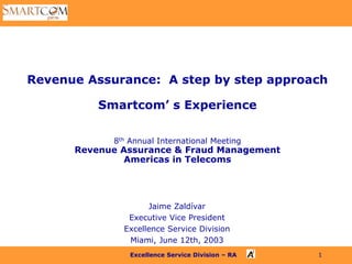 Excellence Service Division – RA 1
Revenue Assurance: A step by step approach
Smartcom’ s Experience
8th Annual International Meeting
Revenue Assurance & Fraud Management
Americas in Telecoms
Jaime Zaldívar
Executive Vice President
Excellence Service Division
Miami, June 12th, 2003
 