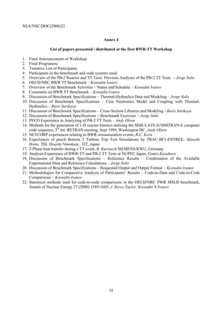 NEA/NSC/DOC(2000)22
18
Annex 4
List of papers presented / distributed at the first BWR-TT Workshop
1. Final Announcement of Workshop
2. Final Programme
3. Tentative List of Participants
4. Participants in the benchmark and code systems used
5. Overview of the PB-2 Reactor and TT Tests. Previous Analyses of the PB-2 TT Tests - Jorge Solis
6. OECD/NRC BWR TT Benchmark – Kostadin Ivanov
7. Overview of the Benchmark Activities – Status and Schedule – Kostadin Ivanov
8. Comments on BWR TT Benchmark – Kostadin Ivanov
9. Discussion of Benchmark Specifications – Thermal-Hydraulics Data and Modeling – Jorge Solis
10. Discussion of Benchmark Specifications – Core Neutronics Model and Coupling with Thermal-
Hydraulics – Baris Sarikaya
11. Discussion of Benchmark Specifications – Cross-Section Libraries and Modeling - Baris Sarikaya
12. Discussion of Benchmark Specifications – Benchmark Exercises – Jorge Solis
13. PECO Experience in Analyzing of PB-2 TT Tests – Andy Olson
14. Methods for the generation of 1-D reactor kinetics utilizing the SIMULATE-E/SIMTRAN-E computer
code sequence, 5th
Int. RETRAN meeting, Sept 1989, Washington DC, Andy Olson
15. NETCORP experiences relating to BWR oressuruzation events, R.C. Kern
16. Experiences of peach Bottom 2 Turbine Trip Test Simulations by TRAC-BF1-ENTRÉE, Akitoshi
Hotta, TSI, Hisashi Nimokata , TIT, Japan
17. 2-Phase heat transfer during a TT event, B. Karrasch SIEMENS/KWU, Germany
18. Analysis Experience of BWR-TT and PB-2 TT Tests at NUPEC Japan, Fumio Kasahara
19. Discussion of Benchmark Specifications – Reference Results – Combination of the Available
Experimental Data and Reference Calculations – Jorge Solis
20. Discussion of Benchmark Specifications – Requested Output and Output Format - Kostadin Ivanov
21. Methodologies for Comparative Analysis of Participants’ Results – Code-to-Data and Code-to-Code
Comparisons – Kostadin Ivanov
22. Statistical methods used for code-to-code comparisons in the OECD/NRC PWR MSLB benchmark,
Annals of Nuclear Energy 27 (2000) 1589-1605, J. Bryce Taylor, Kostadin N.Ivanov
 