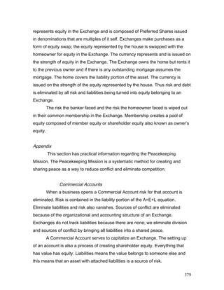 represents equity in the Exchange and is composed of Preferred Shares issued
in denominations that are multiples of it self. Exchanges make purchases as a
form of equity swap; the equity represented by the house is swapped with the
homeowner for equity in the Exchange. The currency represents and is issued on
the strength of equity in the Exchange. The Exchange owns the home but rents it
to the previous owner and if there is any outstanding mortgage assumes the
mortgage. The home covers the liability portion of the asset. The currency is
issued on the strength of the equity represented by the house. Thus risk and debt
is eliminated by all risk and liabilities being turned into equity belonging to an
Exchange.
The risk the banker faced and the risk the homeowner faced is wiped out
in their common membership in the Exchange. Membership creates a pool of
equity composed of member equity or shareholder equity also known as owner’s
equity.
Appendix
This section has practical information regarding the Peacekeeping
Mission. The Peacekeeping Mission is a systematic method for creating and
sharing peace as a way to reduce conflict and eliminate competition.
Commercial Accounts
When a business opens a Commercial Account risk for that account is
eliminated. Risk is contained in the liability portion of the A=E+L equation.
Eliminate liabilities and risk also vanishes. Sources of conflict are eliminated
because of the organizational and accounting structure of an Exchange.
Exchanges do not track liabilities because there are none; we eliminate division
and sources of conflict by bringing all liabilities into a shared peace.
A Commercial Account serves to capitalize an Exchange. The setting up
of an account is also a process of creating shareholder equity. Everything that
has value has equity. Liabilities means the value belongs to someone else and
this means that an asset with attached liabilities is a source of risk.
379
 