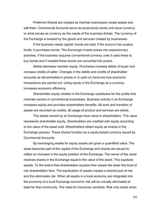 Preferred Shares are created as member businesses create assets and
sell them. Commercial Accounts serve as productivity banks and issue currency
or what serves as currency as the needs of the business dictate. The currency of
the Exchange is backed by the goods and services created by businesses.
If the business needs capital, bonds are sold; if the account has surplus
funds, it purchases bonds. The Exchange invests prares into expansionary
activities. If the business acquires conventional currency units it uses these to
buy bonds and if needed these bonds are converted into prares.
Debits decrease member equity. Purchases increase debits of buyer and
increase credits of seller. Changes in the debits and credits of shareholder
accounts as denominated in prares or in cash on hand are how economic
transactions are carried out. Using equity in the Exchange as a currency
increases economic efficiency.
Shareholder equity created in the Exchange substitutes for the profits that
motivate owners in conventional businesses. Business activity in an Exchange
increases equity and provides shareholders benefits. All work and transfers of
assets are recorded as credits; all usage of product and services are debits.
The assets owned by an Exchange have value to shareholders. This value
represents shareholder equity. Shareholders are credited with equity according
to the value of the asset sold. Shareholders obtain equity as shares in the
Exchange (prares). These shares function as a equity-based currency issued by
Commercial Accounts.
By exchanging assets for equity assets are given a quantified value. The
asset becomes part of the capital of the Exchange and shares are issued to
reflect an increase in the equity position of the Exchange. The owner of the asset
receives shares in the Exchange equal to the value of the asset. This equitizes
assets. To the extent that shareholders equitize their assets the lower the level of
risk shareholders face. The equitization of assets creates a shared pool of risk
and this eliminates risk. When all assets in a local economy are integrated into
the economy of a local Exchange economic risk will be virtually eliminated at
least for that community. The need for insurance vanishes. Risk only exists when
383
 