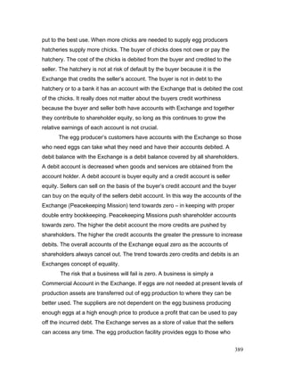 put to the best use. When more chicks are needed to supply egg producers
hatcheries supply more chicks. The buyer of chicks does not owe or pay the
hatchery. The cost of the chicks is debited from the buyer and credited to the
seller. The hatchery is not at risk of default by the buyer because it is the
Exchange that credits the seller’s account. The buyer is not in debt to the
hatchery or to a bank it has an account with the Exchange that is debited the cost
of the chicks. It really does not matter about the buyers credit worthiness
because the buyer and seller both have accounts with Exchange and together
they contribute to shareholder equity, so long as this continues to grow the
relative earnings of each account is not crucial.
The egg producer’s customers have accounts with the Exchange so those
who need eggs can take what they need and have their accounts debited. A
debit balance with the Exchange is a debit balance covered by all shareholders.
A debit account is decreased when goods and services are obtained from the
account holder. A debit account is buyer equity and a credit account is seller
equity. Sellers can sell on the basis of the buyer’s credit account and the buyer
can buy on the equity of the sellers debit account. In this way the accounts of the
Exchange (Peacekeeping Mission) tend towards zero – in keeping with proper
double entry bookkeeping. Peacekeeping Missions push shareholder accounts
towards zero. The higher the debit account the more credits are pushed by
shareholders. The higher the credit accounts the greater the pressure to increase
debits. The overall accounts of the Exchange equal zero as the accounts of
shareholders always cancel out. The trend towards zero credits and debits is an
Exchanges concept of equality.
The risk that a business will fail is zero. A business is simply a
Commercial Account in the Exchange. If eggs are not needed at present levels of
production assets are transferred out of egg production to where they can be
better used. The suppliers are not dependent on the egg business producing
enough eggs at a high enough price to produce a profit that can be used to pay
off the incurred debt. The Exchange serves as a store of value that the sellers
can access any time. The egg production facility provides eggs to those who
389
 