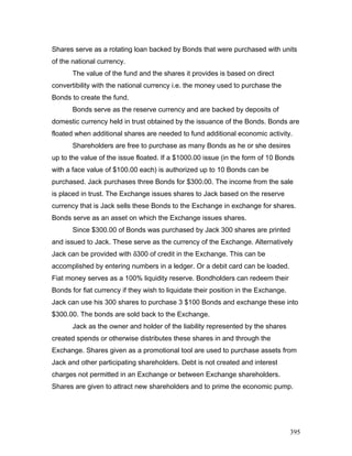 Shares serve as a rotating loan backed by Bonds that were purchased with units
of the national currency.
The value of the fund and the shares it provides is based on direct
convertibility with the national currency i.e. the money used to purchase the
Bonds to create the fund.
Bonds serve as the reserve currency and are backed by deposits of
domestic currency held in trust obtained by the issuance of the Bonds. Bonds are
floated when additional shares are needed to fund additional economic activity.
Shareholders are free to purchase as many Bonds as he or she desires
up to the value of the issue floated. If a $1000.00 issue (in the form of 10 Bonds
with a face value of $100.00 each) is authorized up to 10 Bonds can be
purchased. Jack purchases three Bonds for $300.00. The income from the sale
is placed in trust. The Exchange issues shares to Jack based on the reserve
currency that is Jack sells these Bonds to the Exchange in exchange for shares.
Bonds serve as an asset on which the Exchange issues shares.
Since $300.00 of Bonds was purchased by Jack 300 shares are printed
and issued to Jack. These serve as the currency of the Exchange. Alternatively
Jack can be provided with δ300 of credit in the Exchange. This can be
accomplished by entering numbers in a ledger. Or a debit card can be loaded.
Fiat money serves as a 100% liquidity reserve. Bondholders can redeem their
Bonds for fiat currency if they wish to liquidate their position in the Exchange.
Jack can use his 300 shares to purchase 3 $100 Bonds and exchange these into
$300.00. The bonds are sold back to the Exchange.
Jack as the owner and holder of the liability represented by the shares
created spends or otherwise distributes these shares in and through the
Exchange. Shares given as a promotional tool are used to purchase assets from
Jack and other participating shareholders. Debt is not created and interest
charges not permitted in an Exchange or between Exchange shareholders.
Shares are given to attract new shareholders and to prime the economic pump.
395
 