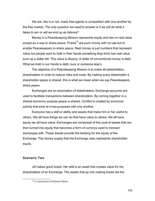 We are, like it or not, made free agents in competition with one another by
the free market. The only question we need to answer is if we will do what it
takes to win or will we end up as failures?
Money in a Peacekeeping Mission represents equity and has no real value
except as a way to share peace. Prares
76
are pure money with no use but to
enable Peacekeepers to share peace. Real money is just numbers that represent
value but people want to hold in their hands something they think has real value
such as a dollar bill. This value is illusory. A dollar of conventional money is debt.
What we hold in our hands is debt, ours or someone else’s.
The objective of a Peacekeeping Mission is to make all stakeholders,
shareholders in order to reduce risks and costs. By making every stakeholder a
shareholder peace is shared, this is what we mean when we say Peacekeepers
share peace.
Exchanges are an association of stakeholders. Exchange accounts are
used to facilitate transactions between shareholders. By coming together in a
shared economic purpose peace is shared. Conflict is created by economic
activity that exist at cross-purposes with one another.
Everyone has a skill or ability and assets that make him or her useful to
others. We all have things we can do that have value to others. We all have
equity we all have value. Exchanges are composed of this pool of assets that are
then turned into equity that becomes a form of currency used to transact
exchanges with. These assets provide the backing for the equity of the
Exchange. The money supply that the Exchange uses represents shareholder
equity.
Scenario Two
Jill makes good bread. Her skill is an asset that creates value for the
shareholders of an Exchange. The assets that go into making bread are the
76
A contraction of Preferred Shares
398
 