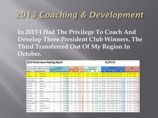  In 2013 I Had The Privilege To Coach And
Develop Three President Club Winners. The
Third Transferred Out Of My Region In
October.
 