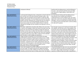 A2 Media Studies
Advanced Portfolio
Production Diary
storyboards reflected. familiar with the editing process, and the editing got a
lot easier. I will continue to edit the shots next week,
and I also wish to begin adding in video effects and
transitions.
Mon W/B 04/03/13
(Detailed Weekly Summary)
I continued with editing the shots, cutting them so they fit with the
lyrics and the rest of the shots that were already in place. I also
began to add cross dissolves into the timeline, to help the video
footage flow smoothly. This also helped the narrative of the video
progress and flow. My group and I realised that we still needed to
film our final shot of a burning photograph, therefore we used
lesson time to video this one shot using the iPhone 5. We then
uploaded this footage onto the computer and imported it into our
project.
As I have become familiar with the editing process, I
have become more confident with editing as I
understand how to use the software now, and I know
what tools I need to be using when editing the footage.
Although, I have not incorporated any video effects yet,
so I intend to do this next week when I continue editing
the video with my group.
Mon W/B 11/03/13
(Detailed Weekly Summary)
This week, I added black and white video effects onto some shots
in order for the footage to reflect the mood of the audio track. My
group and I also found that we needed to change the speed and
duration of a few shots, to either slow them down or speed them
up to fit with the audio track. My group and I have now completed
a rough first draft of our music video, in which we have uploaded
onto YouTube in order to begin our evaluations.
Even though my group and I had become familiar with
the software, we still came across a few problems. We
found that some of the miming was slightly off timing;
therefore we had to edit these shots, which took quite a
bit of time, as we had to cut the shot and decrease the
speed of some sections also. I plan to begin to write my
evaluation of my group and I’s music video next week.
Mon W/B 18/03/13
(Detailed Weekly Summary)
I began writing my evaluation of my final product this week,
answering four questions. My group and I had to set up a closed
focus group on facebook to gain audience feedback for our video.
We needed to do this in order to answer question three of the
evaluation. I analysed my music video using technical codes and
conventions of the pop genre. I also wrote about the technologies
that I have used to create all of my coursework; such as
Photoshop, premiere and Google blogger.
I found that analysing my music video was relatively
easy, as I knew what I was writing about, therefore I had
many point to discuss within my work. Also, when
gathering audience feedback, I found it extremely useful
and helpful, as I now understand what my group and I
could have done to make the video better. After Easter
break, I plan to finalise my final music video, and add
the finishing touches to it.
Mon W/B 01/04/13
(Detailed Weekly Summary)
I have now completed my written evaluation on my first draft of
my music video. This week my group and I added the finished
touches to the music video, making sure that every shot flowed
smoothly, and that there were no shaky camera shots. We added a
I found that editing the video even more was beneficial,
as the final draft has turned out a lot better than our
first draft. I plan to begin presenting my evaluation
questions in different ways next week, using different
 