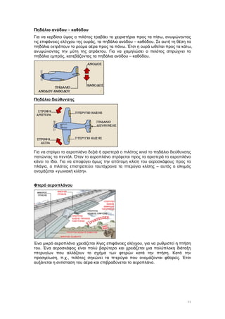 11
Πηδάλιο ανόδου – καθόδου
Για να κερδίσει ύψος ο πιλότος τραβάει το χειριστήριο προς τα πίσω, ανυψώνοντας
τις επιφάνειες ελέγχου της ουράς, τα πηδάλια ανόδου – καθόδου. Σε αυτή τη θέση τα
πηδάλια εκτρέπουν το ρεύµα αέρα προς τα πάνω. Έτσι η ουρά ωθείται προς τα κάτω,
ανυψώνοντας την µύτη της ατράκτου. Για να χαµηλώσει ο πιλότος σπρώχνει το
πηδάλιο εµπρός, κατεβάζοντας τα πηδάλια ανόδου – καθόδου.
Πηδάλιο διεύθυνσης
Για να στρίψει το αεροπλάνο δεξιά ή αριστερά ο πιλότος κινεί το πηδάλιο διεύθυνσης
πατώντας τα πεντάλ. Όταν το αεροπλάνο στρέφεται προς τα αριστερά το αεροπλάνο
κάνει το ίδιο. Για να αποφύγει όµως την απότοµη κλίση του αεροσκάφους προς τα
πλάγια, ο πιλότος επιστρατεύει ταυτόχρονα τα πτερύγια κλίσης – αυτός ο ελιγµός
ονοµάζεται «γωνιακή κλίση».
Φτερό αεροπλάνου
Ένα µικρό αεροπλάνο χρειάζεται λίγες επιφάνειες ελέγχου, για να ρυθµιστεί η πτήση
του. Ένα αεροσκάφος είναι πολύ βαρύτερο και χρειάζεται µια πολύπλοκη διάταξη
πτερυγίων που αλλάζουν το σχήµα των φτερών κατά την πτήση. Κατά την
προσγείωση, π.χ., πιλότος σηκώνει τα πτερύγια που ονοµάζονται φθορείς. Έτσι
αυξάνεται η αντίσταση του αέρα και επιβραδύνεται το αεροπλάνο.
 