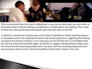 This is a screenshot from the trailer to Kidulthood, as you can see both shots are very similar as
they both involve 2 friends looking at something on a mobile phone and laughing. This is used
to show the unity and the bond that people have with each other in the film.

In Todorov’s narrative this could be seen as the state of ‘equilibrium’ before anything happens
as the people seem to be enjoying themselves and having a good time, suggesting that nothing
is wrong at the moment, however in our scene you can see that the shot is a lot brighter than
the rest and is blurred around the edges, we did this to suggest a flashback/dream type scene.
This shows that the event being shown was in the past, and that something happened to the
two characters which results in them being different from what’s shown in the shot.

 