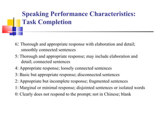 Speaking Performance Characteristics:
   Task Completion


6: Thorough and appropriate response with elaboration and detail;
    smoothly connected sentences
5: Thorough and appropriate response; may include elaboration and
    detail; connected sentences
4: Appropriate response; loosely connected sentences
3: Basic but appropriate response; disconnected sentences
2: Appropriate but incomplete response; fragmented sentences
1: Marginal or minimal response; disjointed sentences or isolated words
0: Clearly does not respond to the prompt; not in Chinese; blank
 