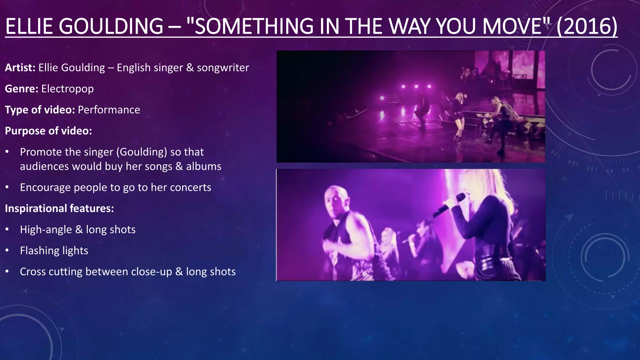 ELLIE GOULDING – "SOMETHING IN THE WAY YOU MOVE" (2016)
Artist: Ellie Goulding – English singer & songwriter
Genre: Electropop
Type of video: Performance
Purpose of video:
• Promote the singer (Goulding) so that
audiences would buy her songs & albums
• Encourage people to go to her concerts
Inspirational features:
• High-angle & long shots
• Flashing lights
• Cross cutting between close-up & long shots
 