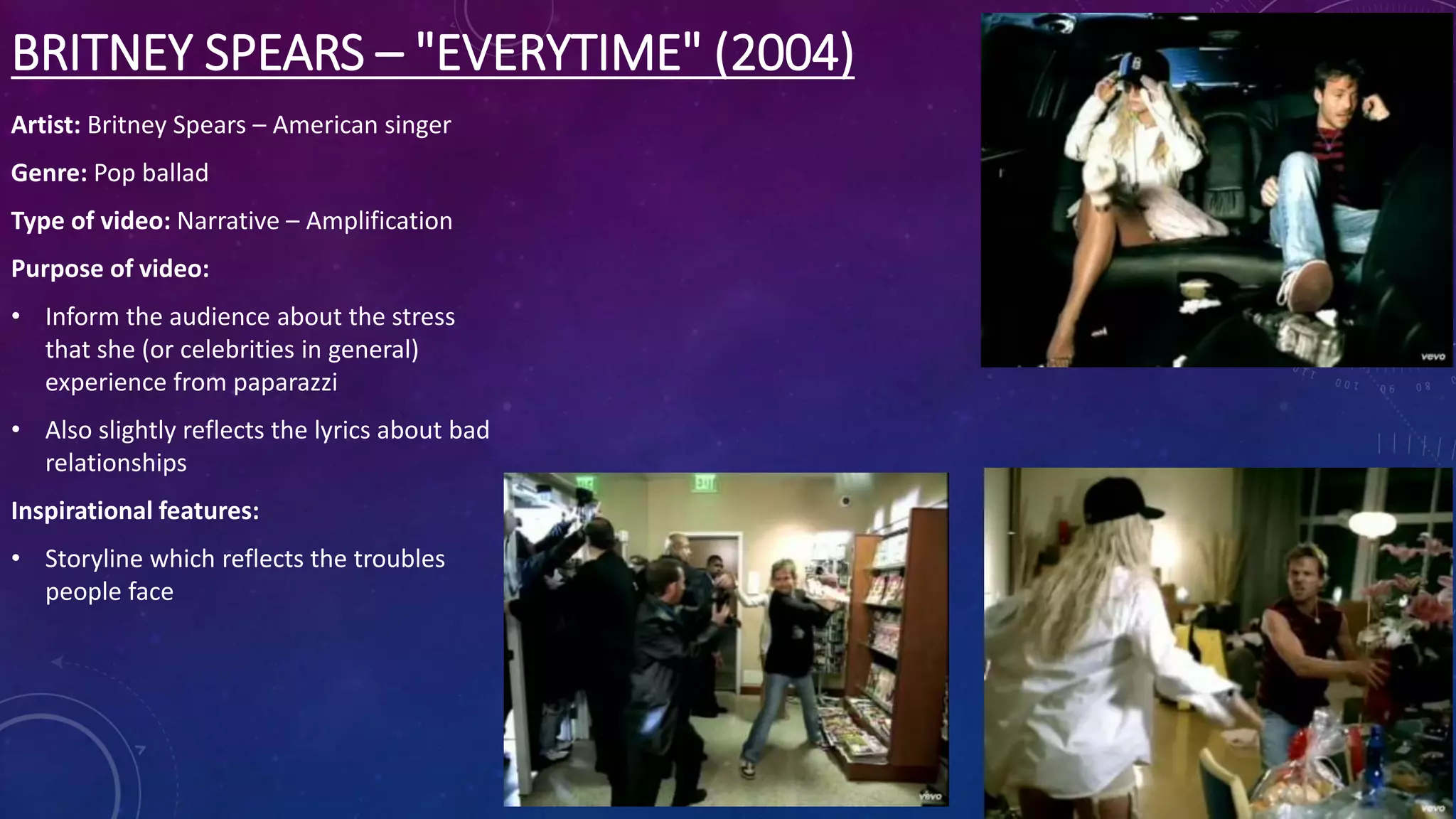BRITNEY SPEARS – "EVERYTIME" (2004)
Artist: Britney Spears – American singer
Genre: Pop ballad
Type of video: Narrative – Amplification
Purpose of video:
• Inform the audience about the stress
that she (or celebrities in general)
experience from paparazzi
• Also slightly reflects the lyrics about bad
relationships
Inspirational features:
• Storyline which reflects the troubles
people face
 