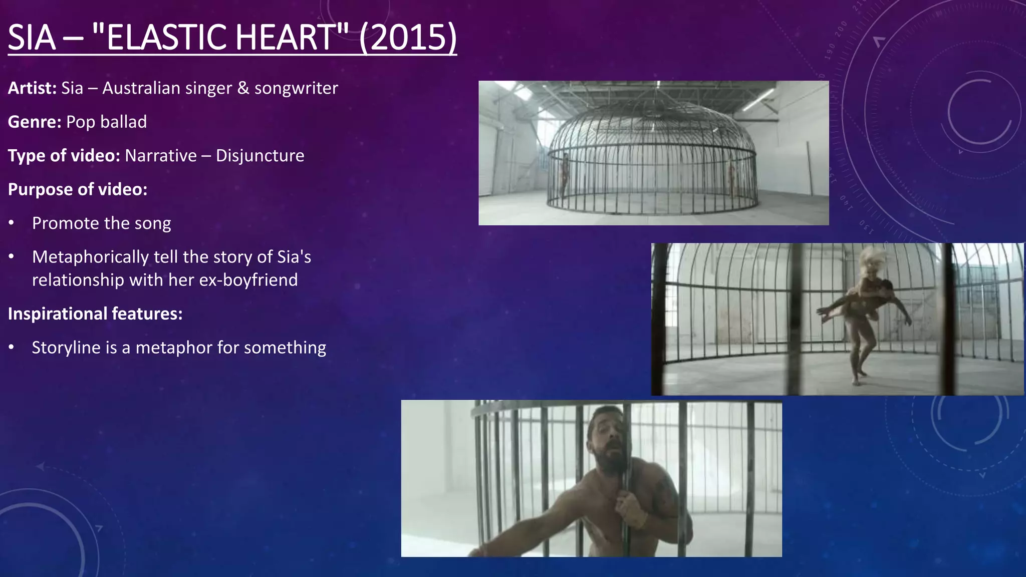 SIA – "ELASTIC HEART" (2015)
Artist: Sia – Australian singer & songwriter
Genre: Pop ballad
Type of video: Narrative – Disjuncture
Purpose of video:
• Promote the song
• Metaphorically tell the story of Sia's
relationship with her ex-boyfriend
Inspirational features:
• Storyline is a metaphor for something
 