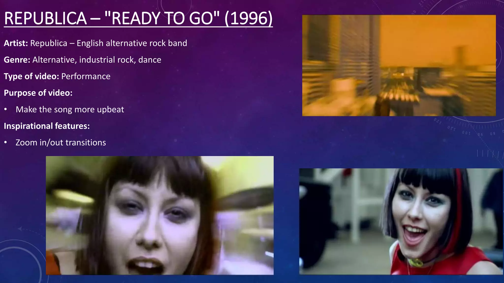 REPUBLICA – "READY TO GO" (1996)
Artist: Republica – English alternative rock band
Genre: Alternative, industrial rock, dance
Type of video: Performance
Purpose of video:
• Make the song more upbeat
Inspirational features:
• Zoom in/out transitions
 