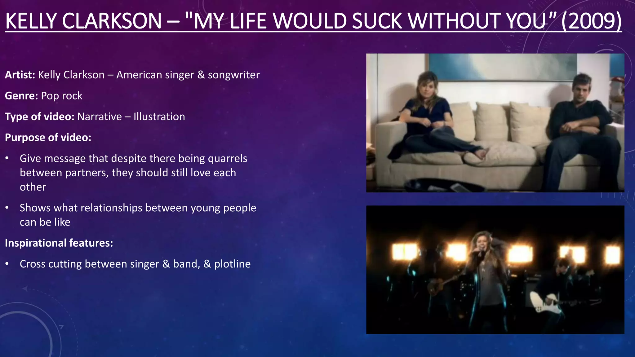 KELLY CLARKSON – "MY LIFE WOULD SUCK WITHOUT YOU" (2009)
Artist: Kelly Clarkson – American singer & songwriter
Genre: Pop rock
Type of video: Narrative – Illustration
Purpose of video:
• Give message that despite there being quarrels
between partners, they should still love each
other
• Shows what relationships between young people
can be like
Inspirational features:
• Cross cutting between singer & band, & plotline
 