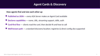 Agent Cards & Discovery
When AI Agents Work Together: A2A, MCP, and Connected AI 9
How agents find and size each other up
■ Published as JSON — every A2A Server makes an Agent Card available
■ Declares capabilities — name, URL, streaming support, skills, auth
■ Card-first flow — clients read the card, then decide fit and how to call
■ Well-known path — a standard discovery location; registries & direct config also supported
 