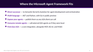 Where the Microsoft Agent Framework Fits
When AI Agents Work Together: A2A, MCP, and Connected AI 13
■ Direct successor — to Semantic Kernel & AutoGen for agent development and orchestration
■ Multi-language — .NET and Python, with Go in public preview
■ Expose your agents — publish them so any A2A client can call
■ Consume remote agents — call external A2A agents as if they were local
■ First-class A2A — a core integration, alongside MCP, AG-UI, and M365
 