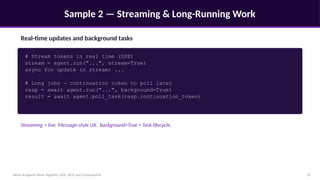 Sample 2 — Streaming & Long-Running Work
When AI Agents Work Together: A2A, MCP, and Connected AI 19
Real-time updates and background tasks
# Stream tokens in real time (SSE)
stream = agent.run("...", stream=True)
async for update in stream: ...
# Long jobs → continuation token to poll later
resp = await agent.run("...", background=True)
result = await agent.poll_task(resp.continuation_token)
Streaming = live, Message-style UX. background=True = Task lifecycle.
 