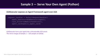 Sample 3 — Serve Your Own Agent (Python)
When AI Agents Work Together: A2A, MCP, and Connected AI 20
A2AExecutor exposes an Agent Framework agent over A2A
request_handler = DefaultRequestHandler(
agent_executor=A2AExecutor(agent),
task_store=InMemoryTaskStore(),
agent_card=public_agent_card)
A2AExecutor turns your agent into a discoverable A2A server.
The mirror image of Sample 2 — full sample on GitHub.
 