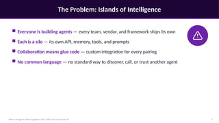 The Problem: Islands of Intelligence
When AI Agents Work Together: A2A, MCP, and Connected AI 2
■ Everyone is building agents — every team, vendor, and framework ships its own
■ Each is a silo — its own API, memory, tools, and prompts
■ Collaboration means glue code — custom integration for every pairing
■ No common language — no standard way to discover, call, or trust another agent
 