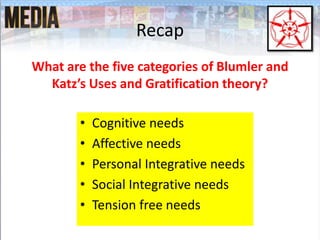Recap
What are the five categories of Blumler and
Katz’s Uses and Gratification theory?
• Cognitive needs
• Affective needs
• Personal Integrative needs
• Social Integrative needs
• Tension free needs
 
