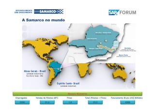 A Samarco no mundo
Nossos Números
2359
Empregados Vendas de Pelotas (MT) Finos Total (Pelotas + Finos) Faturamento Bruto (US$ Milhões)
21,4 1,8 23,2 4269
 
