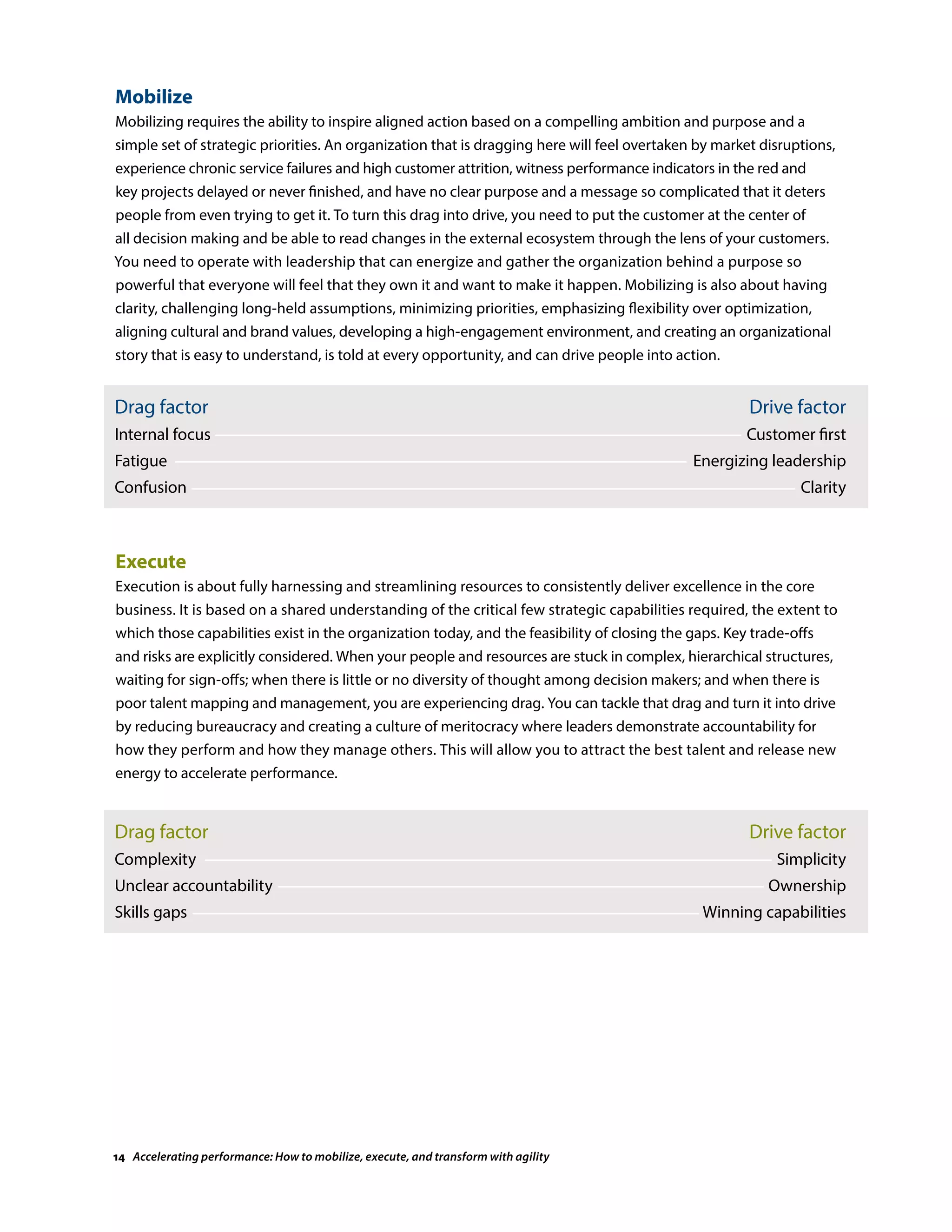 Mobilize
Mobilizing requires the ability to inspire aligned action based on a compelling ambition and purpose and a
simple set of strategic priorities. An organization that is dragging here will feel overtaken by market disruptions,
experience chronic service failures and high customer attrition, witness performance indicators in the red and
key projects delayed or never finished, and have no clear purpose and a message so complicated that it deters
people from even trying to get it. To turn this drag into drive, you need to put the customer at the center of
all decision making and be able to read changes in the external ecosystem through the lens of your customers.
You need to operate with leadership that can energize and gather the organization behind a purpose so
powerful that everyone will feel that they own it and want to make it happen. Mobilizing is also about having
clarity, challenging long-held assumptions, minimizing priorities, emphasizing flexibility over optimization,
aligning cultural and brand values, developing a high-engagement environment, and creating an organizational
story that is easy to understand, is told at every opportunity, and can drive people into action.
Drag factor
Internal focus
Fatigue
Confusion
Drive factor
Customer first
Energizing leadership
Clarity
Execute
Execution is about fully harnessing and streamlining resources to consistently deliver excellence in the core
business. It is based on a shared understanding of the critical few strategic capabilities required, the extent to
which those capabilities exist in the organization today, and the feasibility of closing the gaps. Key trade-offs
and risks are explicitly considered. When your people and resources are stuck in complex, hierarchical structures,
waiting for sign-offs; when there is little or no diversity of thought among decision makers; and when there is
poor talent mapping and management, you are experiencing drag. You can tackle that drag and turn it into drive
by reducing bureaucracy and creating a culture of meritocracy where leaders demonstrate accountability for
how they perform and how they manage others. This will allow you to attract the best talent and release new
energy to accelerate performance.
Drag factor
Complexity
Unclear accountability
Skills gaps
Drive factor
Simplicity
Ownership
Winning capabilities
14 Accelerating performance: How to mobilize, execute, and transform with agility
 