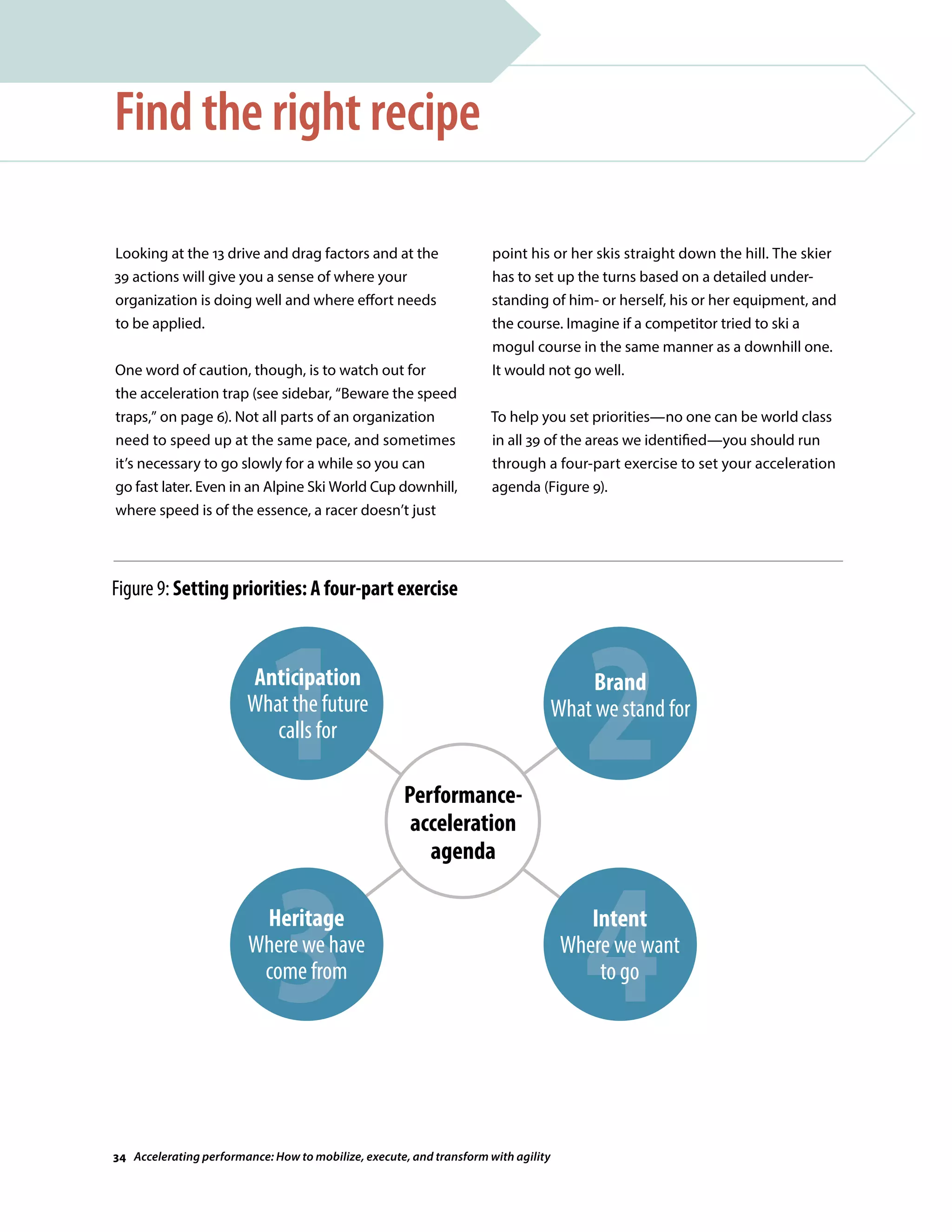 Looking at the 13 drive and drag factors and at the
39 actions will give you a sense of where your
organization is doing well and where effort needs
to be applied.
One word of caution, though, is to watch out for
the acceleration trap (see sidebar, “Beware the speed
traps,” on page 6). Not all parts of an organization
need to speed up at the same pace, and sometimes
it’s necessary to go slowly for a while so you can
go fast later. Even in an Alpine Ski World Cup downhill,
where speed is of the essence, a racer doesn’t just
Find the right recipe
point his or her skis straight down the hill. The skier
has to set up the turns based on a detailed under-
standing of him- or herself, his or her equipment, and
the course. Imagine if a competitor tried to ski a
mogul course in the same manner as a downhill one.
It would not go well.
To help you set priorities—no one can be world class
in all 39 of the areas we identified—you should run
through a four-part exercise to set your acceleration
agenda (Figure 9).
3
Figure 9: Setting priorities: A four-part exercise
Source: Heidrick  Struggles
Performance-
acceleration
agenda
Heritage
Where we have
come from
1Anticipation
What the future
calls for
2
4
Brand
What we stand for
Intent
Where we want
to go
34 Accelerating performance: How to mobilize, execute, and transform with agility
 