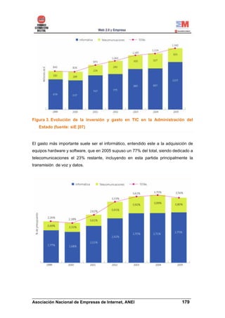 Figura 3. Evolución de la inversión y gasto en TIC en la Administración del
   Estado (fuente: siE [07)



El gasto más importante suele ser el informático, entendido este a la adquisición de
equipos hardware y software, que en 2005 supuso un 77% del total, siendo dedicado a
telecomunicaciones el 23% restante, incluyendo en esta partida principalmente la
transmisión de voz y datos.




______________________________________________________________________
Asociación Nacional de Empresas de Internet, ANEI                 179
 