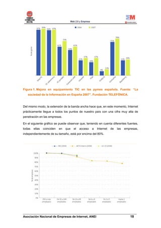Figura 1. Mejora en equipamiento TIC en las pymes española. Fuente: “La
   sociedad de la Información en España 2007”. Fundación TELEFÓNICA.



Del mismo modo, la extensión de la banda ancha hace que, en este momento, Internet
prácticamente llegue a todos los puntos de nuestro país con una cifra muy alta de
penetración en las empresas.

En el siguiente gráfico se puede observar que, teniendo en cuenta diferentes fuentes,
todas   ellas   coinciden   en   que   el   acceso   a   Internet   de   las   empresas,
independientemente de su tamaño, está por encima del 80%.




______________________________________________________________________
Asociación Nacional de Empresas de Internet, ANEI                 18
 