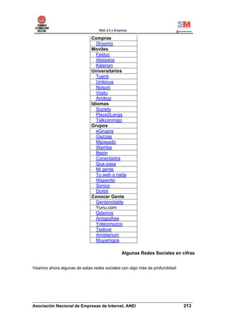Compras
                               Shoomo
                             Moviles
                               Festuc
                               Alistados
                               Kalerion
                             Universitarios
                               Tuenti
                               Unilocus
                               Nosuni
                               Vostu
                               Amikoo
                             Idiomas
                               Soziety
                               Place2Langs
                               Talkconmigo
                             Grupos
                               eGrupos
                               Gazzag
                               Mipasado
                               Wamba
                               Bepin
                               Conectados
                               Que pasa
                               Mi gente
                               Tu web o nada
                               Hispanito
                               Sonico
                               Dorbit
                             Conocer Gente
                               Gentenotable
                               Yunu.com
                               Qdamos
                               Amigosfree
                               Yoteconozco
                               Twilove
                               Amistarium
                               Muyamigos

                                             Algunas Redes Sociales en cifras


Veamos ahora algunas de estas redes sociales con algo más de profundidad:




______________________________________________________________________
Asociación Nacional de Empresas de Internet, ANEI                 213
 