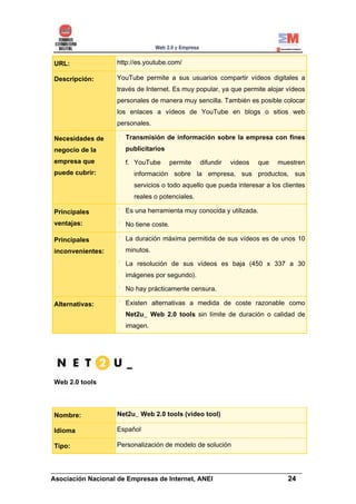 URL:              http://es.youtube.com/

Descripción:      YouTube permite a sus usuarios compartir vídeos digitales a
                  través de Internet. Es muy popular, ya que permite alojar vídeos
                  personales de manera muy sencilla. También es posible colocar
                  los enlaces a vídeos de YouTube en blogs o sitios web
                  personales.

Necesidades de      Transmisión de información sobre la empresa con fines
negocio de la       publicitarios
empresa que         f. YouTube      permite    difundir   videos   que   muestren
puede cubrir:          información sobre la empresa, sus productos, sus
                       servicios o todo aquello que pueda interesar a los clientes
                       reales o potenciales.

Principales         Es una herramienta muy conocida y utilizada.
ventajas:           No tiene coste.

Principales         La duración máxima permitida de sus vídeos es de unos 10
inconvenientes:     minutos.

                    La resolución de sus vídeos es baja (450 x 337 a 30
                    imágenes por segundo).

                    No hay prácticamente censura.

Alternativas:       Existen alternativas a medida de coste razonable como
                    Net2u_ Web 2.0 tools sin límite de duración o calidad de
                    imagen.




Web 2.0 tools




Nombre:           Net2u_ Web 2.0 tools (video tool)

Idioma            Español

Tipo:             Personalización de modelo de solución


______________________________________________________________________
Asociación Nacional de Empresas de Internet, ANEI                 24
 