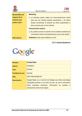 Necesidades de        Marketing
negocio de la         p. La empresa puede colgar sus documentaciones online
empresa que                 para que sus clientes puedan visualizarlas, y al mismo
puede cubrir:               tiempo incrementar el alcance de dicha presentación a
                            otros usuarios que no son clientes.

                      Comunicación externa

                      q. Es posible conocer la opinión de los clientes mediante los
                            comentarios sobre las presentaciones que se han subido.

Alternativas:         Slideboom (http://www.slideboom.com/)


                                                           2.2.7. Geolocalizadores




Nombre:             Google Maps

Idioma:             Castellano

Tipo:               General

Facilidad de uso:   Sencilla

URL:                http://maps.google.es/

Descripción:        Google Maps es un servicio de Google que ofrece tecnología
                    cartográfica potente y muy fácil de usar, así como información
                    sobre      empresas   (ubicación,   información   de   contacto   e
                    indicaciones sobre cómo llegar).




______________________________________________________________________
Asociación Nacional de Empresas de Internet, ANEI                 31
 