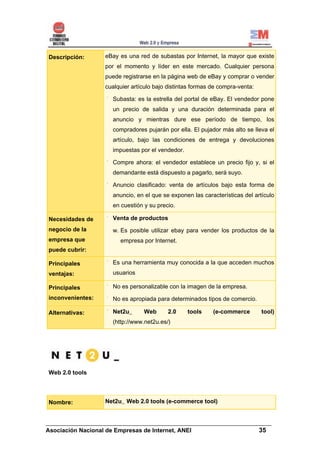Descripción:      eBay es una red de subastas por Internet, la mayor que existe
                  por el momento y líder en este mercado. Cualquier persona
                  puede registrarse en la página web de eBay y comprar o vender
                  cualquier artículo bajo distintas formas de compra-venta:

                    Subasta: es la estrella del portal de eBay. El vendedor pone
                    un precio de salida y una duración determinada para el
                    anuncio y mientras dure ese período de tiempo, los
                    compradores pujarán por ella. El pujador más alto se lleva el
                    artículo, bajo las condiciones de entrega y devoluciones
                    impuestas por el vendedor.

                    Compre ahora: el vendedor establece un precio fijo y, si el
                    demandante está dispuesto a pagarlo, será suyo.

                    Anuncio clasificado: venta de artículos bajo esta forma de
                    anuncio, en el que se exponen las características del artículo
                    en cuestión y su precio.

Necesidades de      Venta de productos
negocio de la       w. Es posible utilizar ebay para vender los productos de la
empresa que            empresa por Internet.
puede cubrir:

Principales         Es una herramienta muy conocida a la que acceden muchos
ventajas:           usuarios

Principales         No es personalizable con la imagen de la empresa.
inconvenientes:     No es apropiada para determinados tipos de comercio.

Alternativas:       Net2u_      Web       2.0    tools     (e-commerce        tool)
                    (http://www.net2u.es/)




Web 2.0 tools




Nombre:           Net2u_ Web 2.0 tools (e-commerce tool)


______________________________________________________________________
Asociación Nacional de Empresas de Internet, ANEI                 35
 