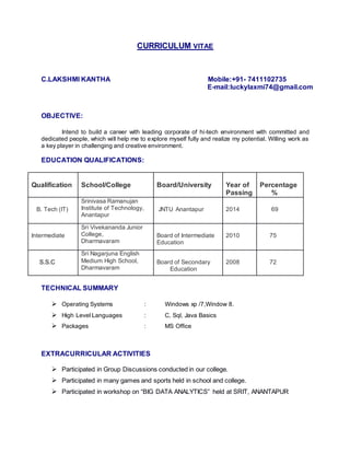 CURRICULUM VITAE
C.LAKSHMI KANTHA Mobile:+91- 7411102735
E-mail:luckylaxmi74@gmail.com
OBJECTIVE:
Intend to build a career with leading corporate of hi-tech environment with committed and
dedicated people, which will help me to explore myself fully and realize my potential. Willing work as
a key player in challenging and creative environment.
EDUCATION QUALIFICATIONS:
Qualification School/College Board/University Year of
Passing
Percentage
%
B. Tech (IT)
Srinivasa Ramanujan
Institute of Technology,
Anantapur
JNTU Anantapur 2014 69
Intermediate
Sri Vivekananda Junior
College,
Dharmavaram
Board of Intermediate
Education
2010 75
S.S.C
Sri Nagarjuna English
Medium High School,
Dharmavaram
Board of Secondary
Education
2008 72
TECHNICAL SUMMARY
 Operating Systems : Windows xp /7,Window 8.
 High Level Languages : C, Sql, Java Basics
 Packages : MS Office
EXTRACURRICULAR ACTIVITIES
 Participated in Group Discussions conducted in our college.
 Participated in many games and sports held in school and college.
 Participated in workshop on “BIG DATA ANALYTICS” held at SRIT, ANANTAPUR
 