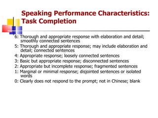 Speaking Performance Characteristics: Task Completion 6: Thorough and appropriate response with elaboration and detail; smoothly connected sentences 5: Thorough and appropriate response; may include elaboration and detail; connected sentences 4: Appropriate response; loosely connected sentences 3: Basic but appropriate response; disconnected sentences 2: Appropriate but incomplete response; fragmented sentences 1: Marginal or minimal response; disjointed sentences or isolated words 0: Clearly does not respond to the prompt; not in Chinese; blank  