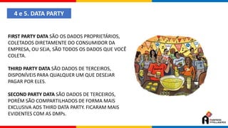 4 e 5. DATA PARTY
FIRST PARTY DATA SÃO OS DADOS PROPRIETÁRIOS,
COLETADOS DIRETAMENTE DO CONSUMIDOR DA
EMPRESA, OU SEJA, SÃO TODOS OS DADOS QUE VOCÊ
COLETA.
THIRD PARTY DATA SÃO DADOS DE TERCEIROS,
DISPONÍVEIS PARA QUALQUER UM QUE DESEJAR
PAGAR POR ELES.
SECOND PARTY DATA SÃO DADOS DE TERCEIROS,
PORÉM SÃO COMPARTILHADOS DE FORMA MAIS
EXCLUSIVA AOS THIRD DATA PARTY. FICARAM MAIS
EVIDENTES COM AS DMPs.
 