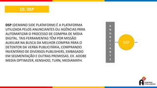 10. DSP
DSP (DEMAND SIDE PLATAFORM) É A PLATAFORMA
UTILIZADA PELOS ANUNCIANTES OU AGÊNCIAS PARA
AUTOMATIZAR O PROCESSO DE COMPRA DE MÍDIA
DIGITAL. TAIS FERRAMENTAS TÊM POR MISSÃO
AUXILIAR NA BUSCA DA MELHOR COMPRA PARA O
DETENTOR DA VERBA PUBLICITÁRIA, COMPRANDO
INVENTÁRIO DE DIVERSOS PUBLISHERS, EMBASADO
EM SEGMENTAÇÃO E OUTRAS PREMISSAS. EX. ADOBE
MEDIA OPTIMIZER, KENSHOO, TURN, MEDIAMATH.
DSP
A
N
U
N
C
I
A
N
T
E
 