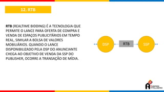 12. RTB
RTB (REALTIME BIDDING) É A TECNOLOGIA QUE
PERMITE O LANCE PARA OFERTA DE COMPRA E
VENDA DE ESPAÇOS PUBLICITÁRIOS EM TEMPO
REAL, SIMILAR A BOLSA DE VALORES
MOBILIÁRIOS. QUANDO O LANCE
DISPONIBILIZADO PELA DSP DO ANUNCIANTE
CHEGA AO OBJETIVO DE VENDA DA SSP DO
PUBLISHER, OCORRE A TRANSAÇÃO DE MÍDIA.
DSP SSPRTB
 