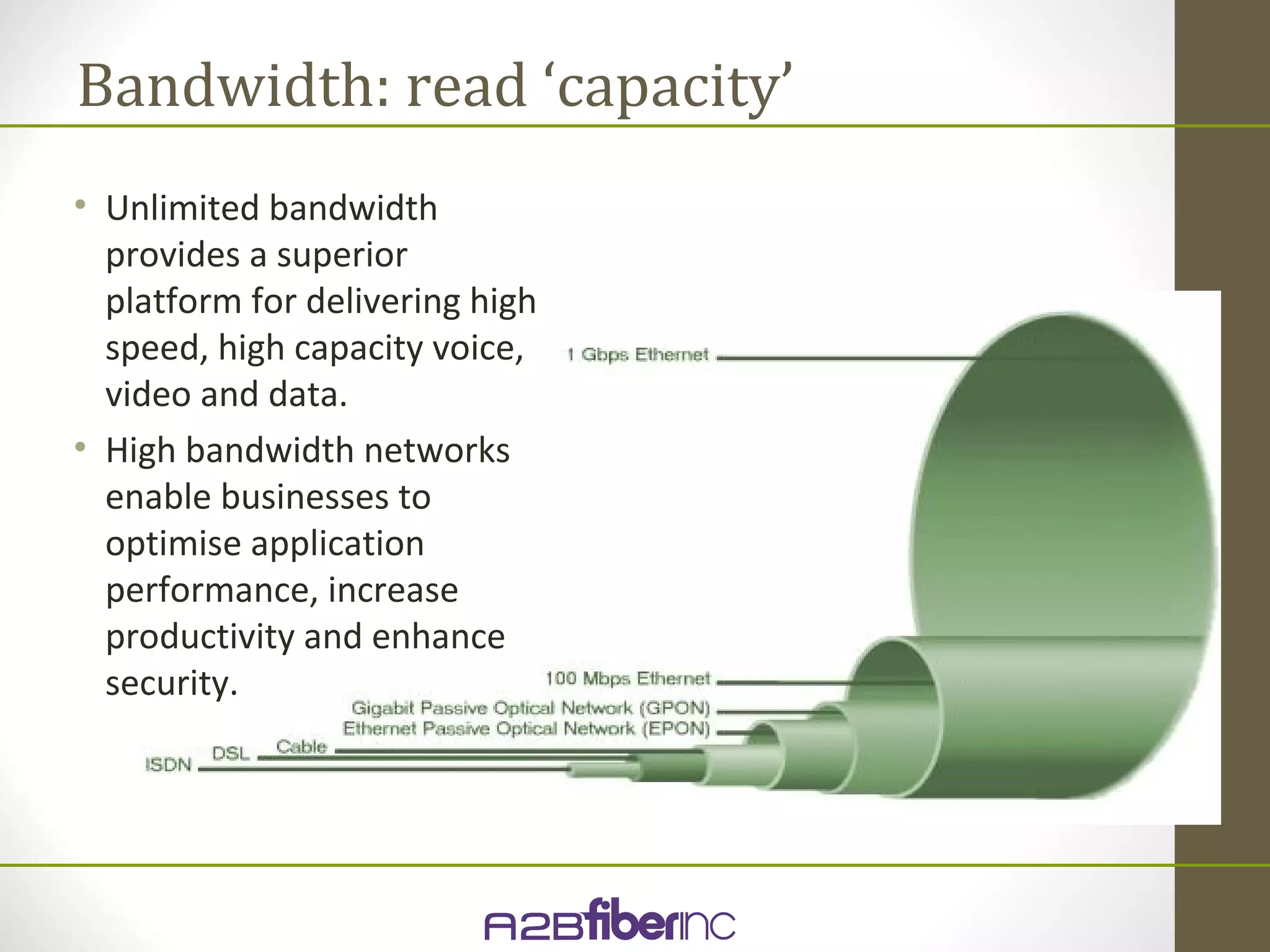 Bandwidth: read ‘capacity’
• Unlimited bandwidth
  provides a superior
  platform for delivering high
  speed, high capacity voice,
  video and data.
• High bandwidth networks
  enable businesses to
  optimise application
  performance, increase
  productivity and enhance
  security.
 