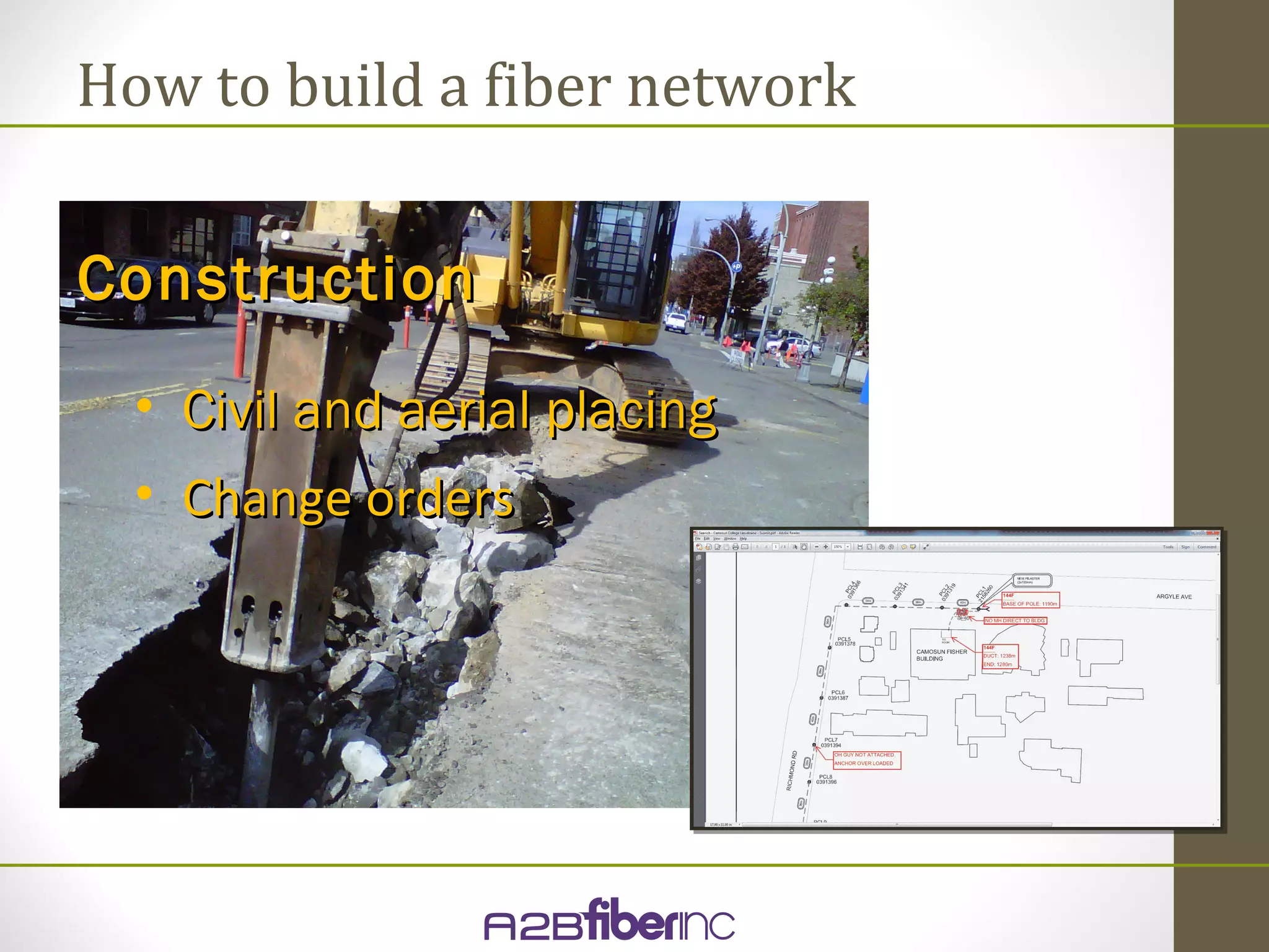 How to build a fiber network


Construction
  • Civil and aerial placing
  • Change orders
 