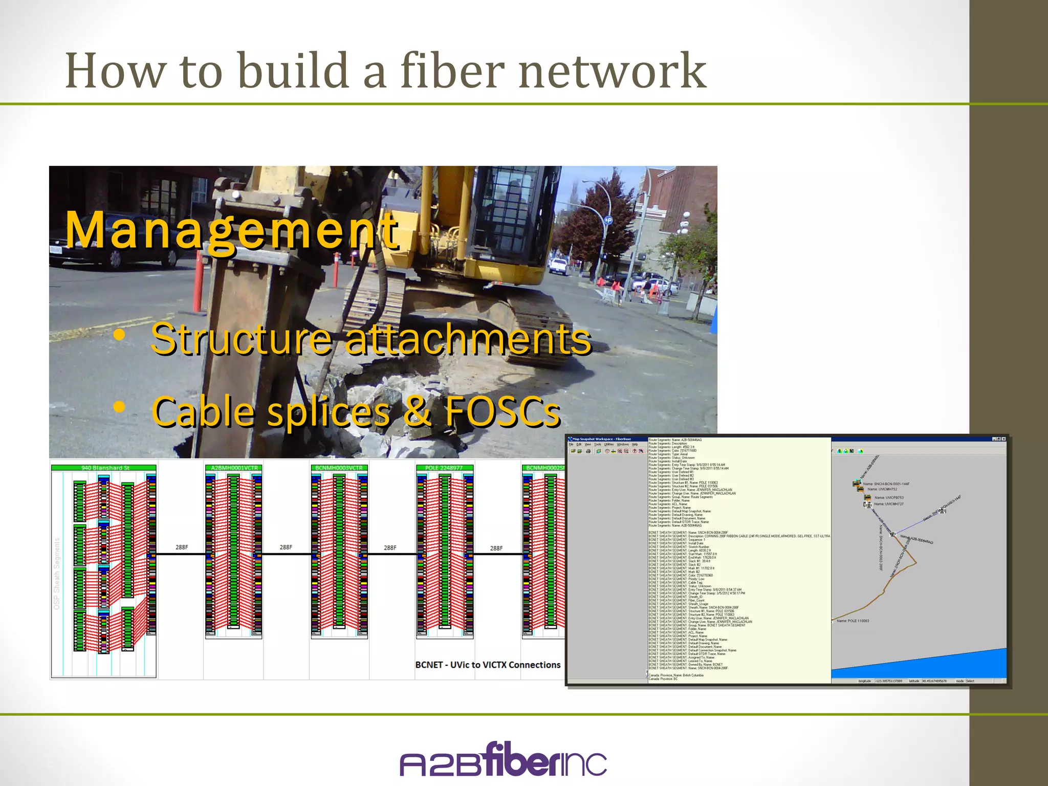 How to build a fiber network


Management
  • Structure attachments
  • Cable splices & FOSCs
 