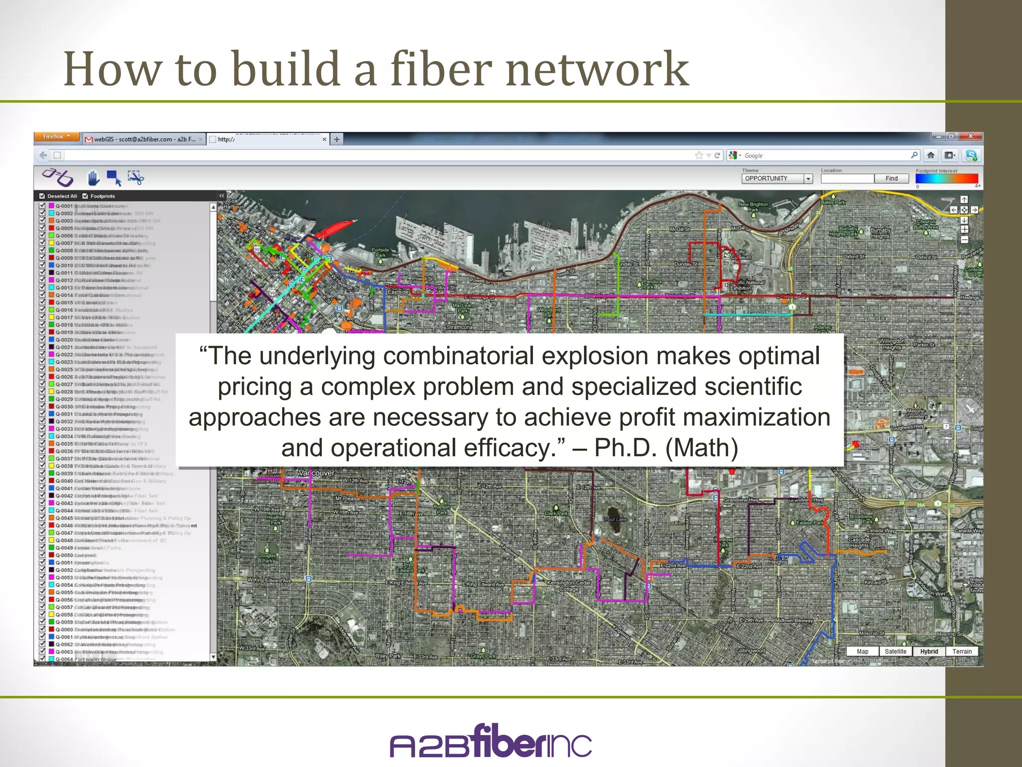 How to build a fiber network




      “The underlying combinatorial explosion makes optimal
      “The underlying combinatorial explosion makes optimal
        pricing a complex problem and specialized scientific
        pricing a complex problem and specialized scientific
     approaches are necessary to achieve profit maximization
     approaches are necessary to achieve profit maximization
              and operational efficacy.” – Ph.D. (Math)
              and operational efficacy.” – Ph.D. (Math)
 